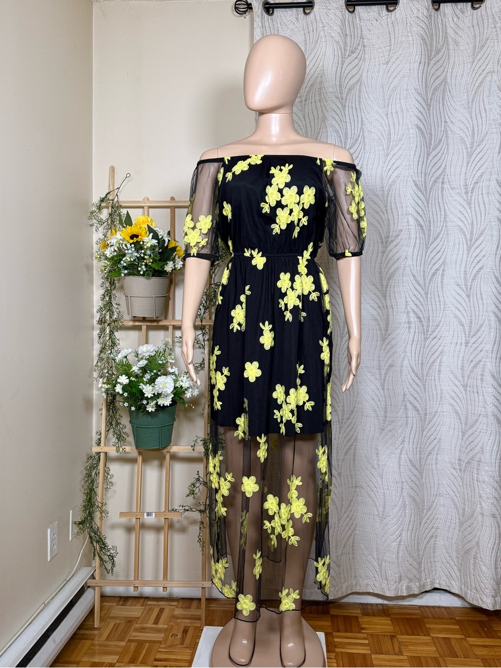 Off-Shoulder Black Mesh Dress with Yellow Floral Appliqué